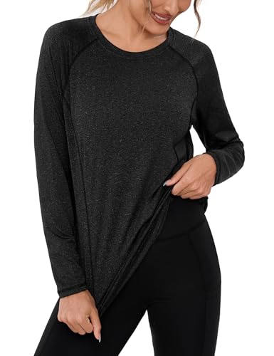 Terecey Camiseta Deportiva Mujer Manga Larga Transpirable Camiseta Deporte de Secado Rápido con Dobladillo Curvo para Gimnasio Fitness Running y Uso Diario