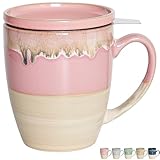 Bosmarlin Taza de té de cerámica con infusor y tapa, 16 onzas, apta para lavavajillas y microondas, 5 colores para elegir, esmalte reactivo, taza de té con colador (rosa)