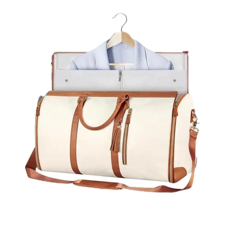 Leather foldable Duffle Bag Suit Travel Bag Waterproof Extra Large Weekend Bag Portable Flight Bag with Shoe for Men Women(Beige)