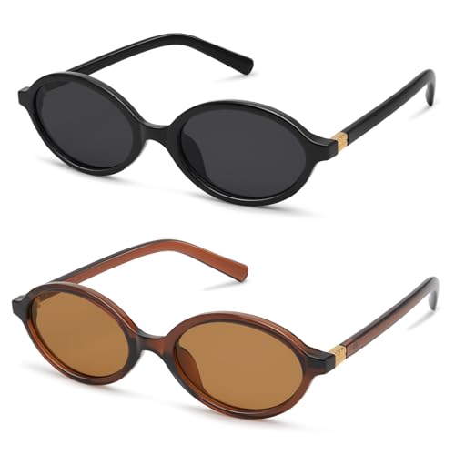 Retro Oval Sunglasses for Women Vintage 90s Small Eyewear Trendy Narrow Skinny Black Frame 2-Pack