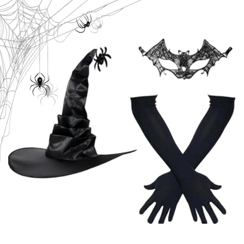 Sombrero de bruja, gorras de bruja para cosplay, sombrero de ala ancha, guantes de disfraz, accesorios de carnaval para mujeres adultas, fiesta de Halloween, cosplay, accesorios de fotos