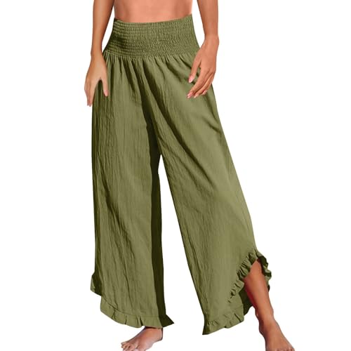 Femmes Taille Haute plissé Volants Flottant Pantalons Coton Chanvre Casual Plage Jambes Larges Pantalons (Vert Militaire,S)