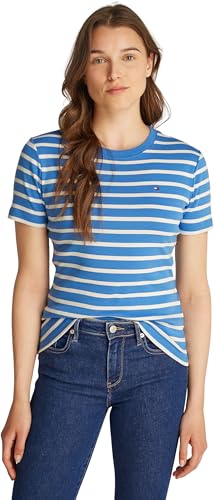 Tommy Hilfiger T-Shirt Manches Courtes Femme Slim Cody Col Ras-du-Cou, Multicolore (Fine STP Blue Spell/Ivory Petal), XXS Tommy Hilfiger T-Shirt Manches Courtes Femme Slim Cody Col Ras-du-Cou, Multicolore (Fine STP Blue Spell/Ivory Petal), XXS