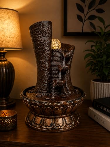 Image of Indoor Water Fountain for Home Decor with Crystal Ball & Yellow LED Light | Cascading Tabletop Waterfall Fountain with Water Controller Pump | Brown & Copper Polyresin Decorative Fountain 16.5 x 10 In