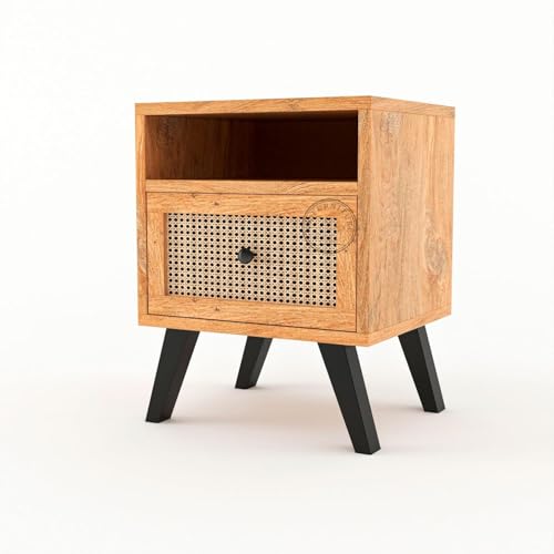 Image of Wooden Bedside Table with Cane Rattan Drawer & Open Shelf | Modern Nightstand for Bedroom (Natural Finish)