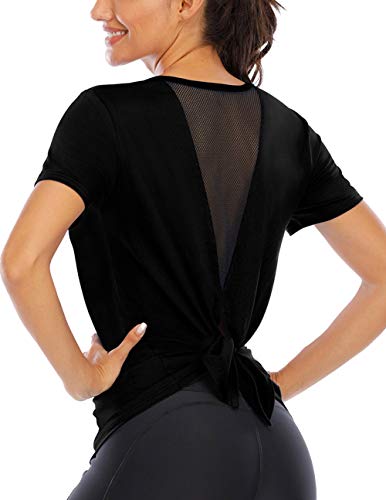 Fihapyli Workout Tops for Women Tie Back Yoga Tops for Women Mesh Muscle Tank Short Sleeve Workout Shirts for Women Running Tank Tops for Women Backless Yoga Shirts for Women Gym Shirts Black S