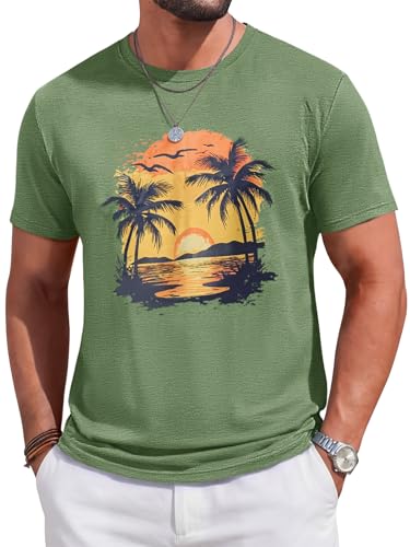 Runcati Mens Short Sleeve T-Shirts Crew Neck Casual Graphic Shirt Summer Beach Palm Tree Sunset Printed Vintage Hawaiian Tees