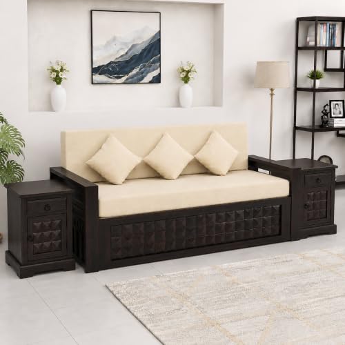 Image of SONA ART & CRAFTS Diamond Sheesham Wood Sofa Cum Bed with Bedside | 3 Seater with Storage and Side Pockets for Living Room Organizer Furniture Sofa Bed Home, Bedroom (Walnut Finish)