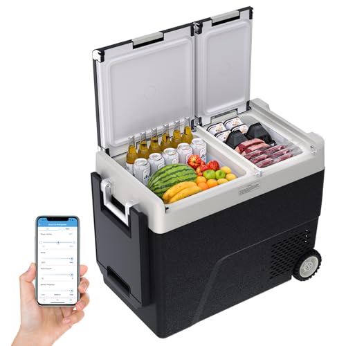 Enfriador eléctrico portátil de 62 cuartos de galón (58 L), refrigerador de 12 V para automóvil, doble zona, --15.6 °C ~ 20.0 °C, control de aplicación, ruedas, cargador CA/CC para camping, picnic