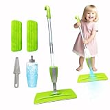 Kids Spray Mop Fun&Functional Toddler Cleaning Set Kids Mop with Real Water Sprayer Bottle Washable Pads Pretend Play Montessori Housekeeping Gifts for Toddlers Kids Girls Boys(Green)