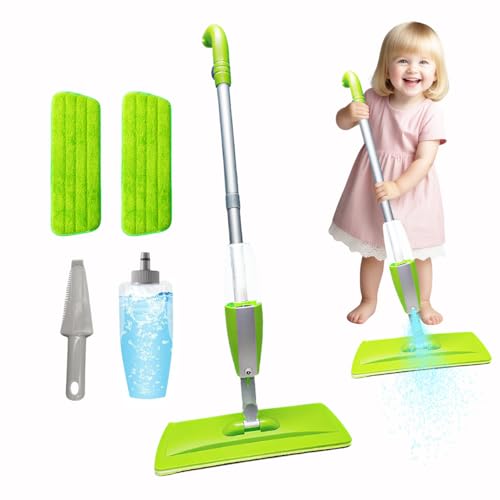 Kids Spray Mop Fun&Functional Toddler Cleaning Set Kids Mop with Real Water Sprayer Bottle Washable Pads Pretend Play Montessori Housekeeping Gifts for Toddlers Kids Girls Boys(Green)