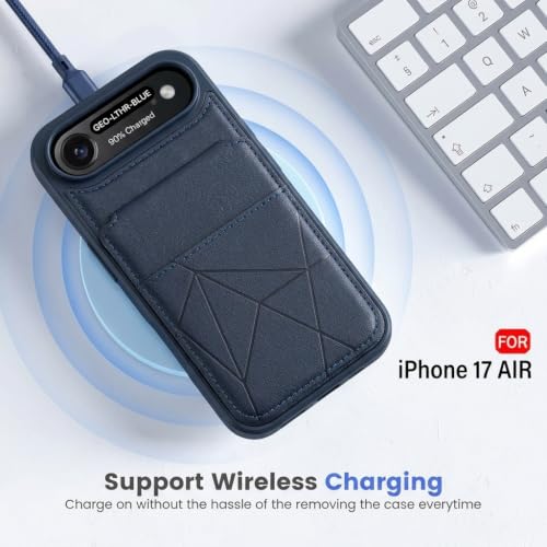Image of amazon basics Premium Vegan Leather Back Cover with Card Holder and Integrated Mobile Stand for iPhone 17 Air - Slim Shockproof Wallet Case with Geometric Stitching [Blue]