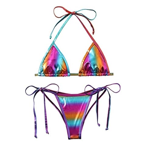 Balasami Women's Liquid Metallic Rainbow Bikini Sets Shiny String Padded Triangle 2 Pieces Swimsuit - Multi - Small Cover