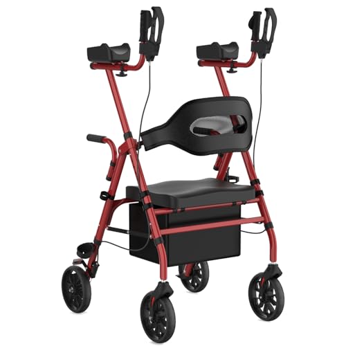 Image of Upright Rollator Walker, Heavy Duty Stand Up Walkers for Seniors with Seat and Reversible Backrest, Foldable Standing Rollator with 8 inch Anti-Slip PU Wheels, Red
