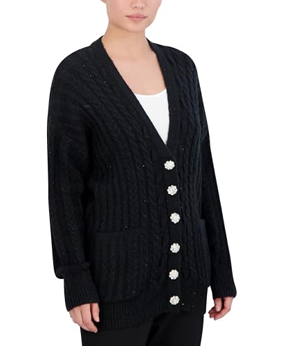 BCBGMAXAZRIA Women's Long Sleeve V Neck Cable Cardigan Sweater2