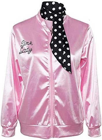 1950s Pink Satin Jacket with Neck Scarf Girls Women Halloween Costume Fancy Dress Props (Medium)