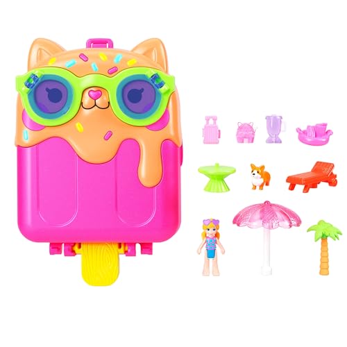 Polly Pocket Coffret Vacances au soleil, jouet de voyage avec 1 mini-figurine, un chiot et des accessoires thématiques, JCB17