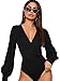 DIDK Damen Bodys Elegant Wrap Bodies V-Ausschnitt Mesh-Langarm Bodysuit mit Laternenärmeln Einfarbig Oberteil Langarmshirt Schwarz M