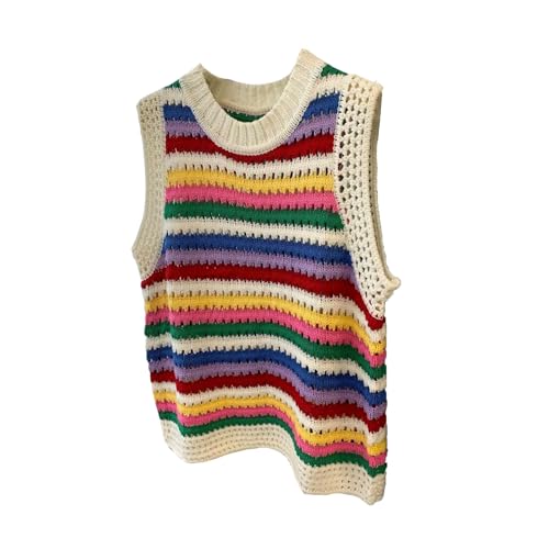 CORIRESHA Women's Fashion Rainbow Stripe Knitted Tank Top Crewneck Summer Hollow Out Vest