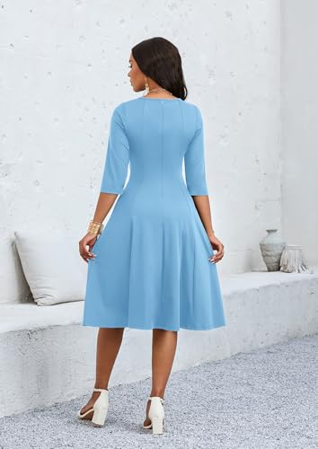 Image of CLOCOR Casual Midi Dresses for Women A-Line Fit and Flare Elegant Church 3 /4 Sleeve Crew Neck Dress with Pocket
