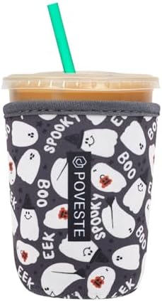 Reusable Neoprene Insulator Sleeve for Iced Coffee & Cold Soda, Coffee Sleeves for Iced & Hot Drinks, Cold Beverage Cooler Compatible with Starbucks, Dunkin (Halloween Boo, Small: 16-18oz)