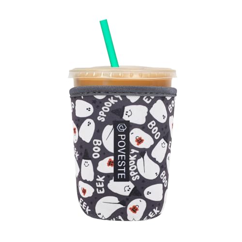 Reusable Neoprene Insulator Sleeve for Iced Coffee & Cold Soda, Coffee Sleeves for Iced & Hot Drinks, Cold Beverage Cooler Compatible with Starbucks, Dunkin (Halloween Boo, Small: 16-18oz)