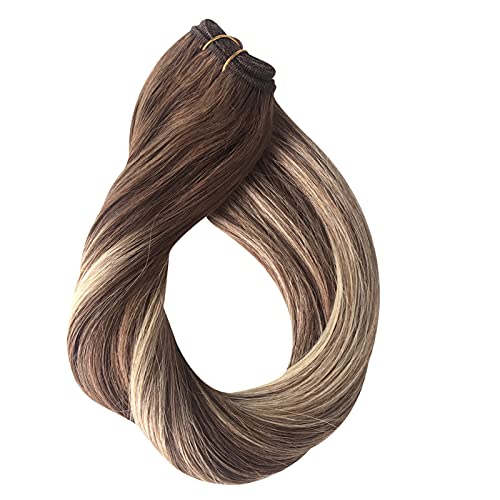 Highlights Sew in Weft Hair Extensions Human Hair Weave Bundles Virgin Real Remy Hair Extensions Bundles Natural Seamless Full Head Silky Straight Medium Brown with Honey Blonde Highlights 100g 18"