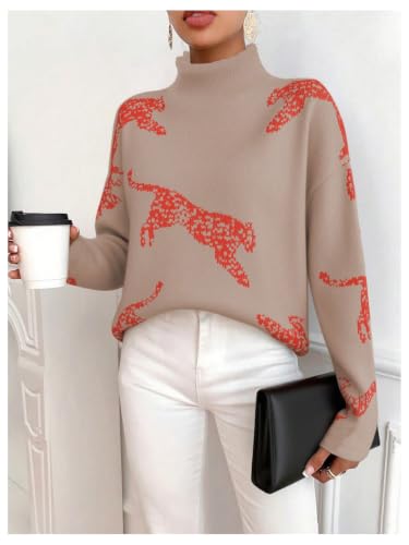 Image of WDIRARA Women's Leopard Tiger Print Sweater High Neck Long Sleeve Fuzzy Knitted Pullover Top
