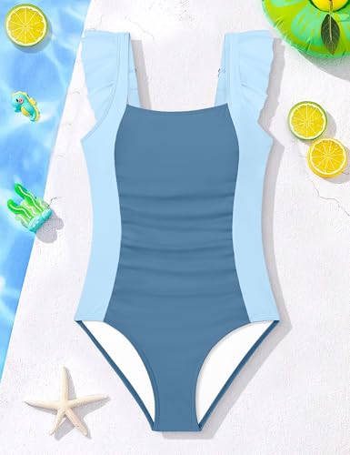 Image of Girls Swimsuit Ruffle Solid One Piece Bathing Suits 7-18 Years | Teen Bathing Suits for Girls Ruched Sleeveless Girls' Swimwear