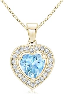 Angara Natural Floating Aquamarine Heart Pendant/Necklace with Diamond Halo in 14K Solid Gold/Platinum for Women | March B...