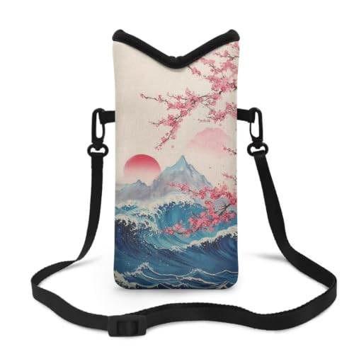 Image of Women Men Small Crossbody Phone Bag Cellphone Wallet Purse Compatible with Most Smartphones Phone Carry Pouch for Travel, Outings, Beach, Japanese Art Style Mountain Sea Wave Flower