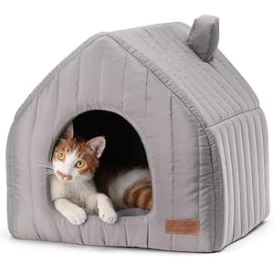 FUKUMARU Katzenbett große Katzen Katzenhöhle-43x43x45cm, Katz... Indoor Mit abnehmbarem Katzenkissen, Haus Modellierung Stil, Katzen Bettchen waschbar, Grau