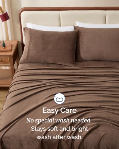 Image of Fleece Sheets Full Size Set - 4-Piece Velvet Flannel Sheet Set - Brown