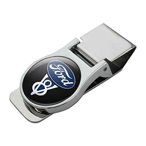 Ford Vintage V8 Logo Satin Chrome Plated Metal Money Clip