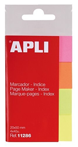 APLI – Notepad Sticky Notes Index 20 x 50 mm Yellow Pink Green and Orange Bright 4 X 40 Sheets