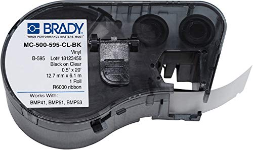 Brady MC-500-595-CL-BK Vinyl B-595 Black on Clear Label Maker Cartridge, 20' Width x 1/2