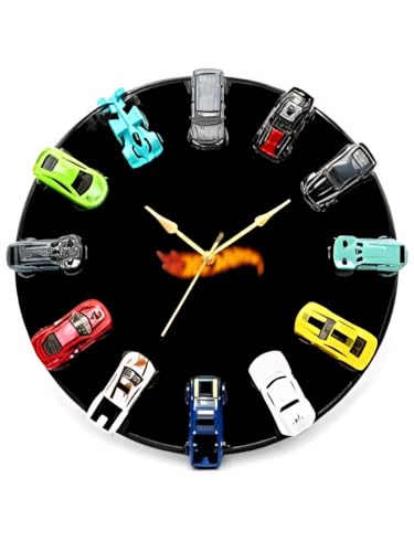 Image of FANCY THINGS 12 Mini Car Decorative Wall Clock, Black Acrylic Analog Clock with Silent Non-Ticking Movement, Collector Room Decor for Car Lovers, Kids Room, Gaming Room, Bedroom and Office