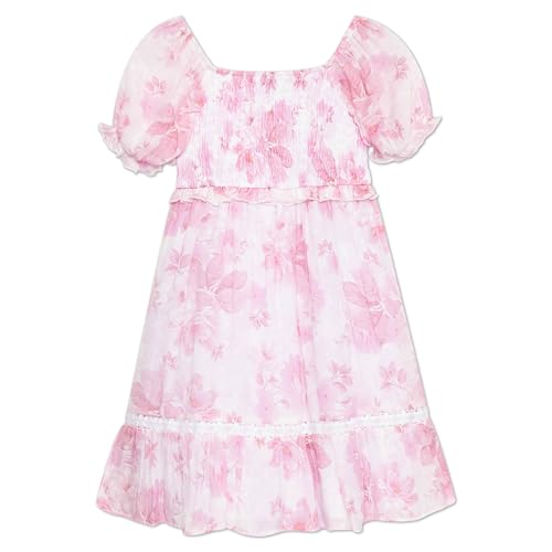 Speechless Girls' Smocked Floral Print Puff Sleeve Party Dress with Lace Trim4