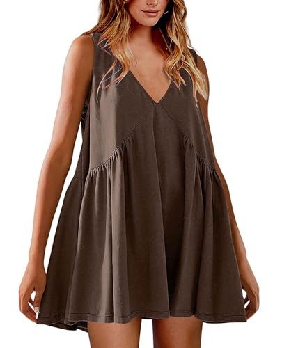 Image of Womens Babydoll Dress Summer Sleeveless Mini Dress Casual Loose V Neck Swing Flowy Beach Sundresses with Pockets
