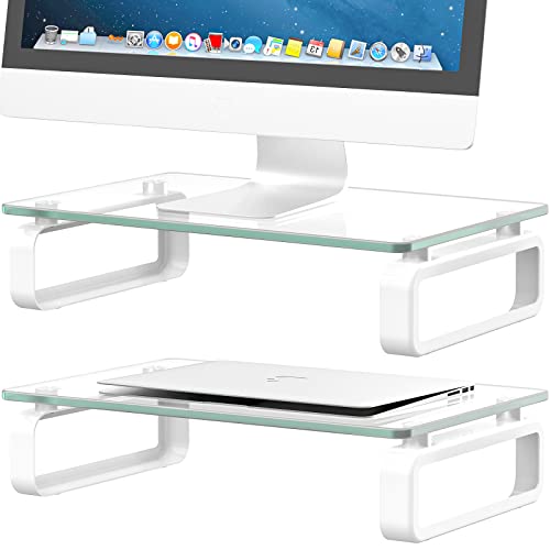 Hemudu 2 Pack Computer Monitor Stand Riser Multi Media Desktop Stand for Flat Screen LCD LED TV Laptop/Notebook with Tempered Glass and Metal Legs HD02T-201