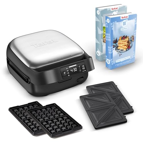 Tefal Snack Collection Precision Sandwich- und Waffeleisen, 3 voreingestellte Programme, digitaler Bildschirm mit Timer, Antihaftbeschichtung, platzsparendes Design, Silber/Schwarz, SW872BF0 1