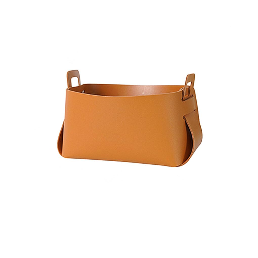 WOVEBIUS Storage Basket Leather Desktop Organizer with Handle Decorative Holder Box Cosmetic Stationery Decoration Brown Orange L