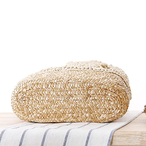 Image of Women Knapsack Crochet Woven Straw Backpack with Leather Straps Shoulder Bags Drawstring Backpack Summer Holiday Beach Tote Beige Rucksack