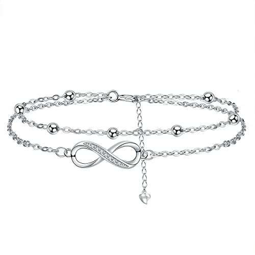 J.MUEN S925 Sterling Silver Infinity Double Chain Bracelet Friendship Adjustable Charm Bracelet 17+4cm Valentine's Day gift for Womens Girls
