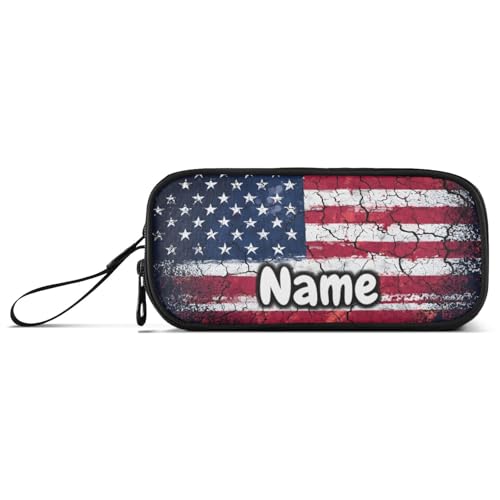 Image of Custom Retro American Flag Pencil Case Box Boys Girls Personalized Name Large Pencil Pouch Stationery Pen Bag Organizer for Kids Adults School Office