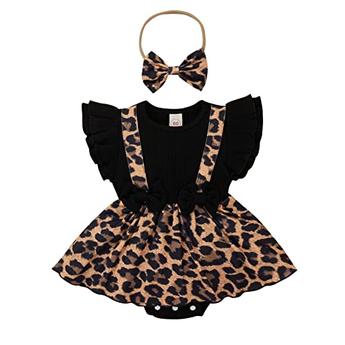 Baby Girl Summer Clothes Ropa De Bebe NiÃ±a Solid Ribbed Ruffle Romper 12-18 Months Leopard Print Suspender Dress with Headband Toddler Baby Clothes for Girls