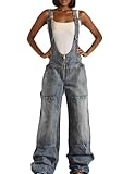 LAJIOJIO Women's Sexy Denim Jumpsuits,Sleeveless Wide Leg Pants Baggy Jean Rompers with Pockets