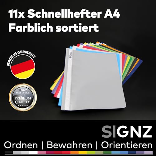 SIGNZ Schnellhefter DIN A4, stabil, 11 Stück, 11 Farben, transparenter Deckel, CO2-neutral hergestellt, aus recycelbarem Kunststoff (PP), FSC Mix 70%, made in Germany