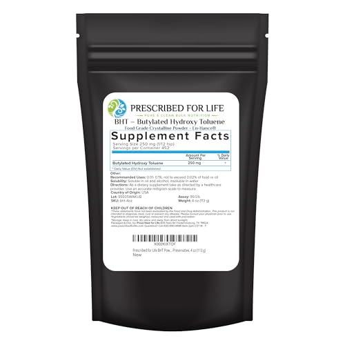 Prescribed For Life BHT Powder Powdered Butylated Hydroxytoluene for Food Preservation Vegan Gluten Free Non GMO Unbleached Soy Free (4oz / 113g)