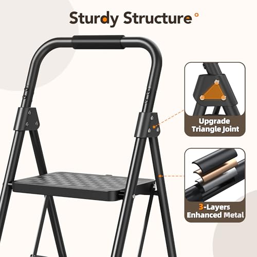 Image of HBTower 3 Step Ladder, Heavy Duty Step Stools for Adults, Safe-Lock Design & Handrail, Step Stool Foldable with Anti-Slip Pedal and Feet, Ladders for Home Kitchen Garage Outdoor, 330 Lbs, Black